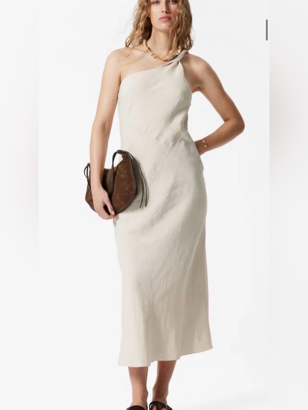 & Other Stories Beige Linen Blend One Shoulder Midi Dress Size 8